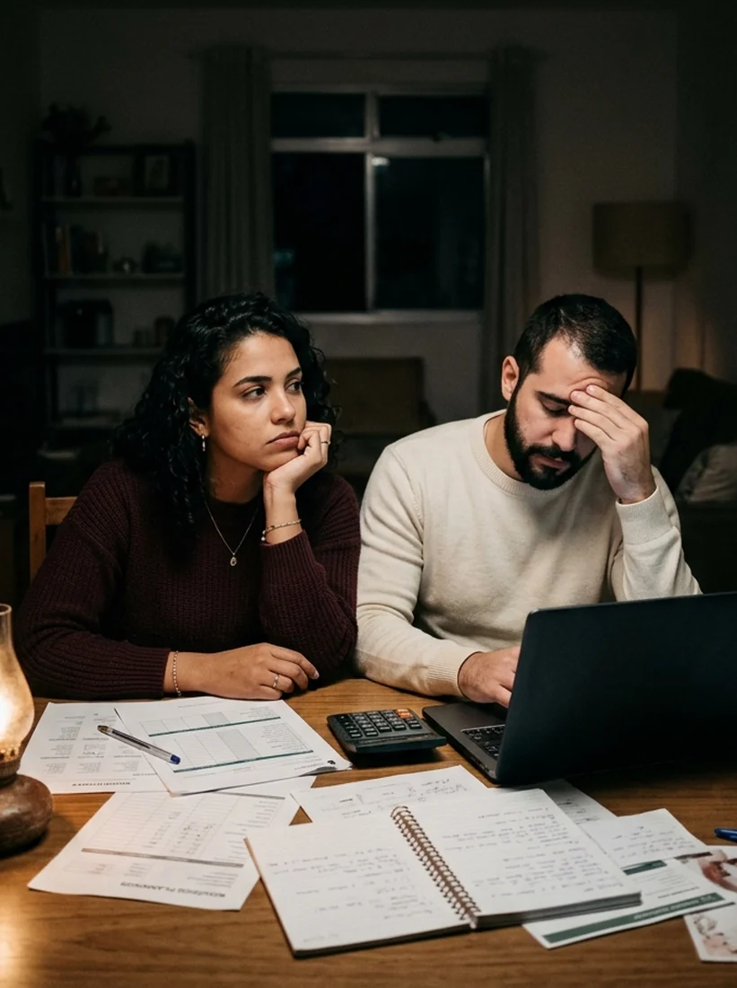 Casal preocupado com o orçamento do casamento