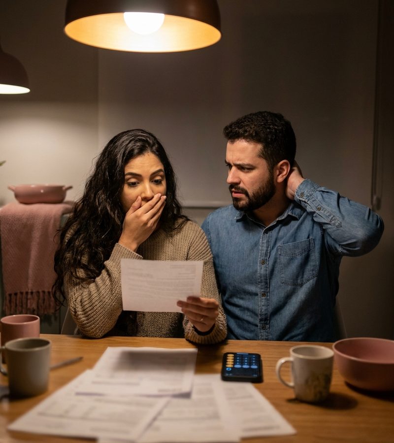 Casal assustado lendo um orçamento de casamento