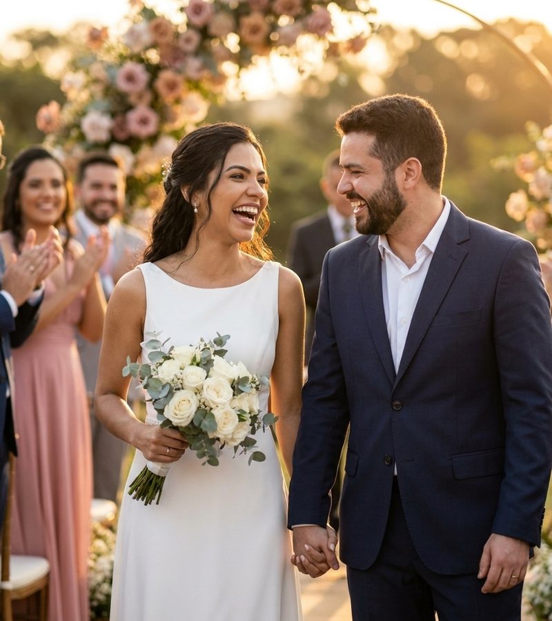 Casal saindo feliz da cerimônia de casamento